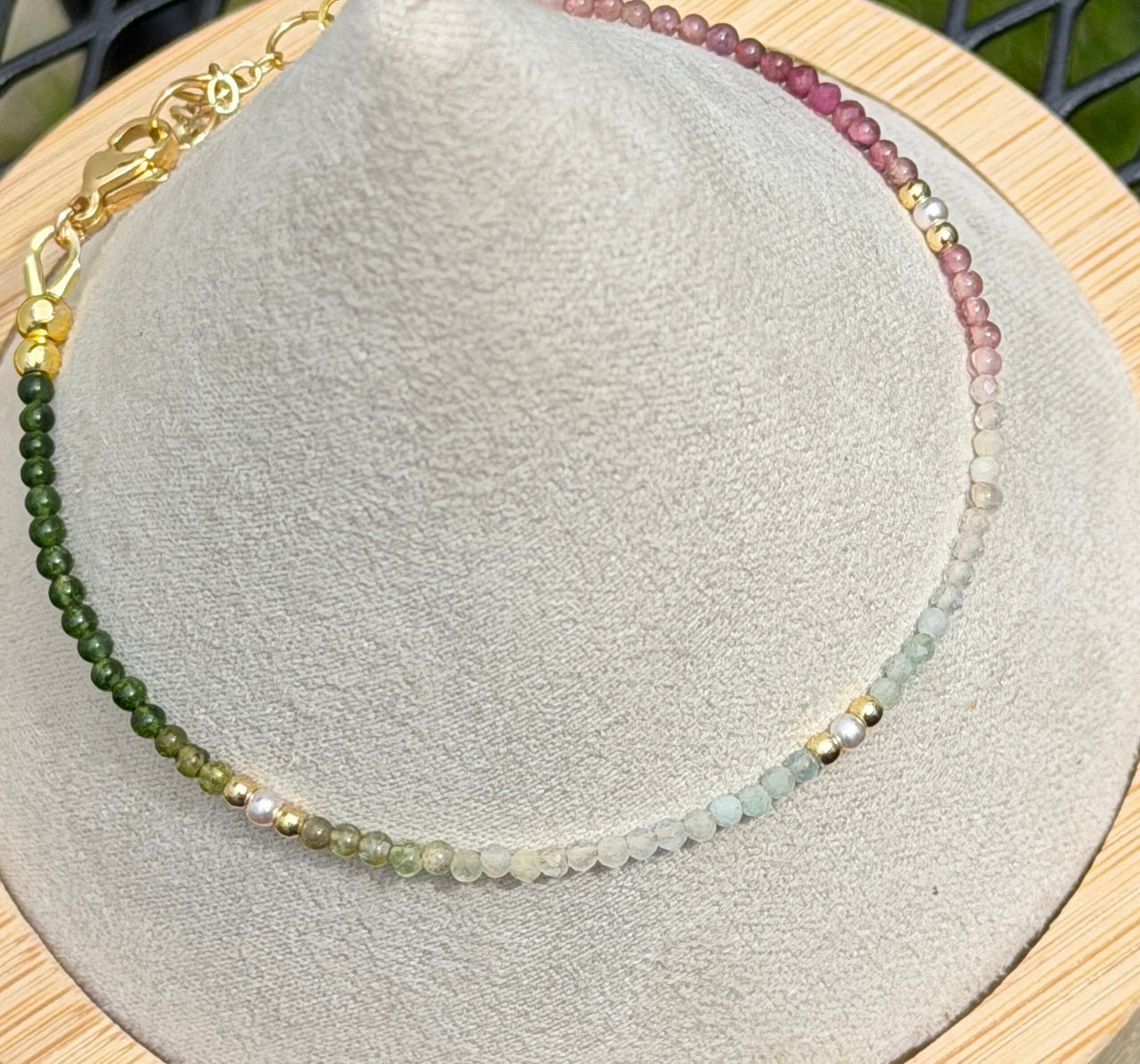 Aria bracelet #16 Tourmaline, aquamarine, lolite, freshwater pearls, 14k filled accents
