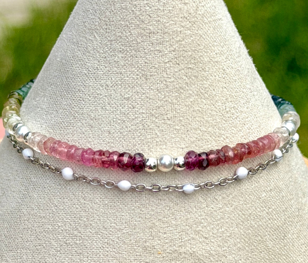 Duet bracelet #22 All gemstones - 3mm tourmaline beads with silver accents