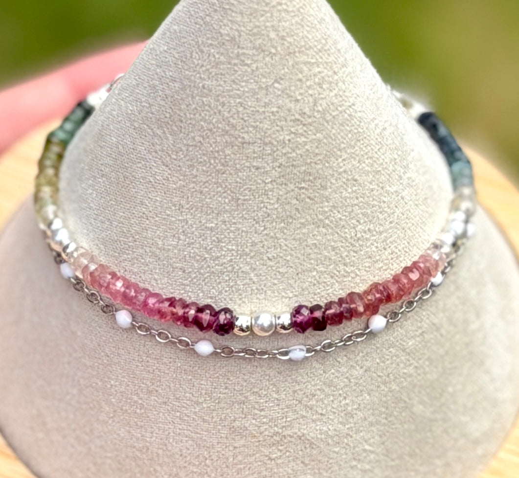 Duet bracelet #22 All gemstones - 3mm tourmaline beads with silver accents