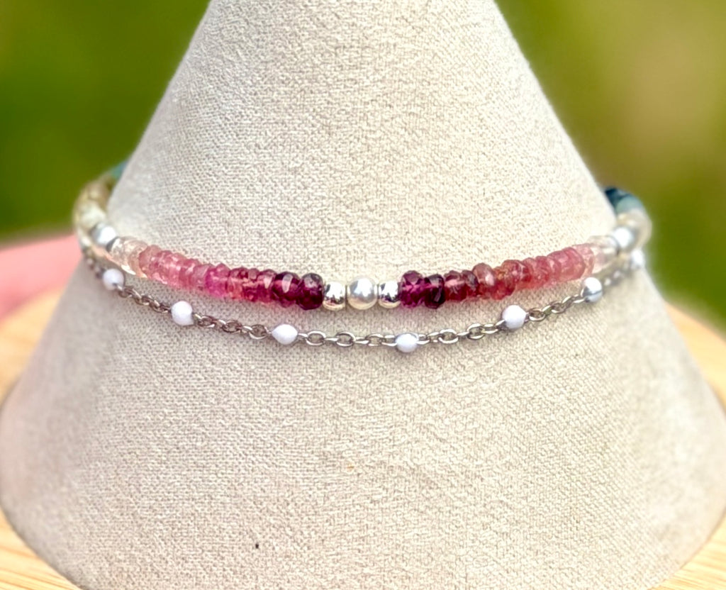 Duet bracelet #22 All gemstones - 3mm tourmaline beads with silver accents