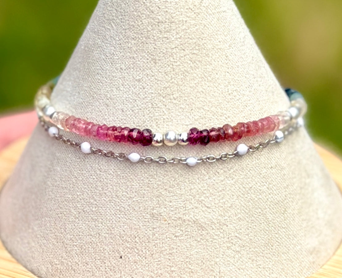 Duet bracelet #22 All gemstones - 3mm tourmaline beads with silver accents