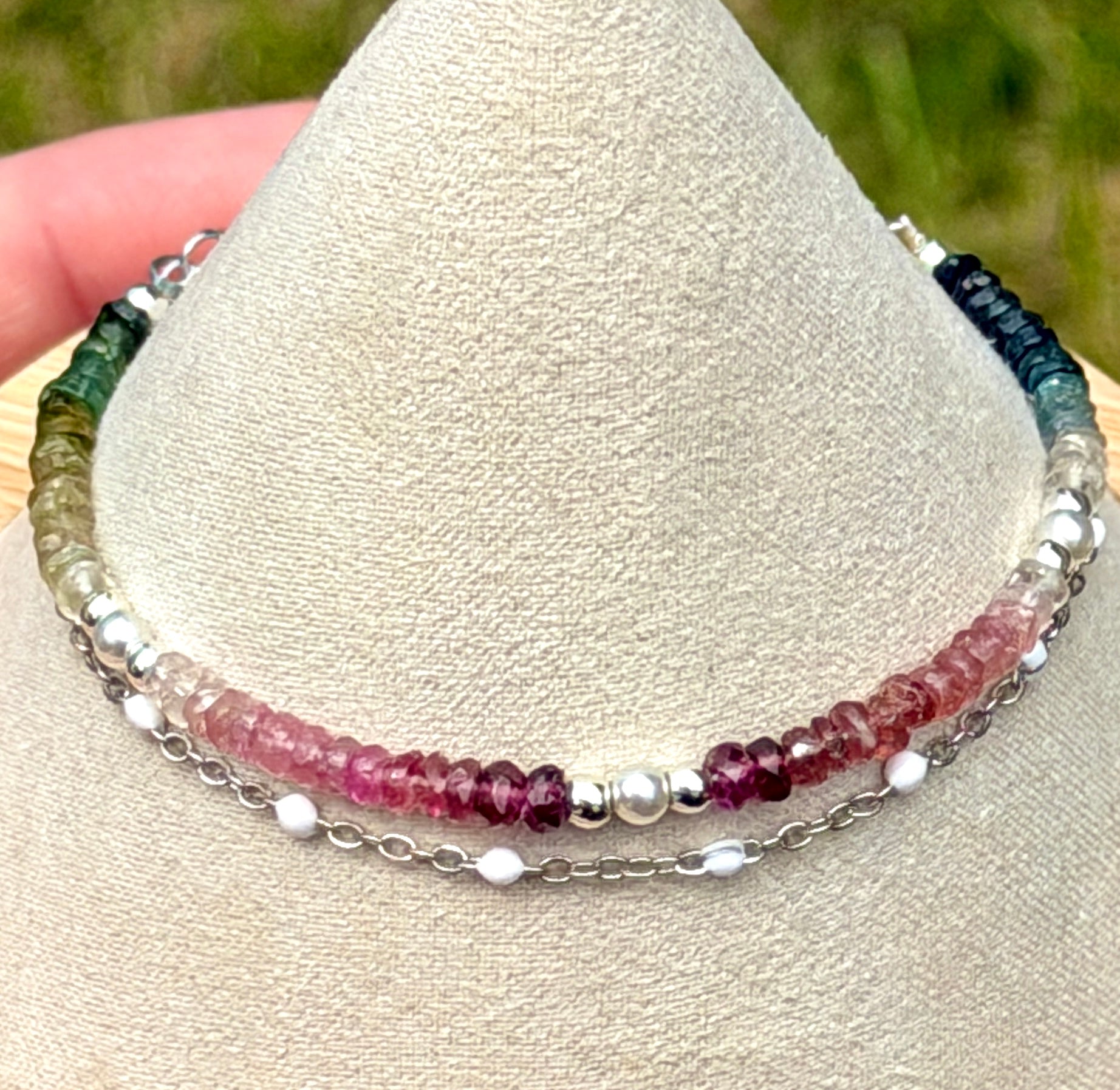 Duet bracelet #22 All gemstones - 3mm tourmaline beads with silver accents