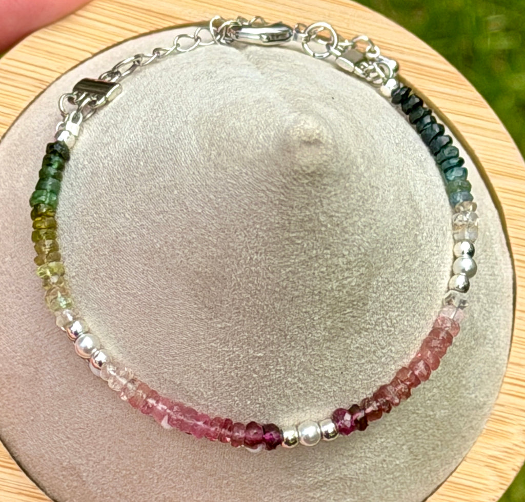 Duet bracelet #22 All gemstones - 3mm tourmaline beads with silver accents