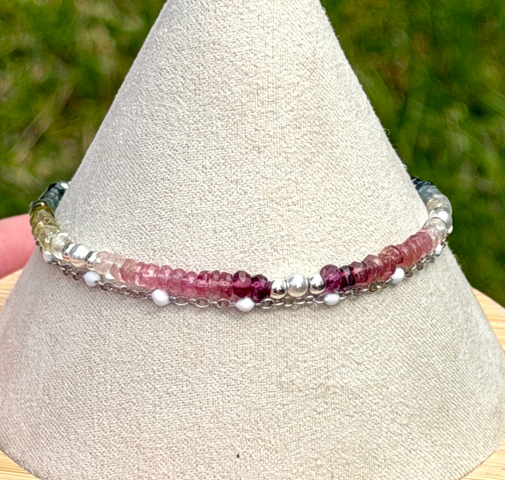 Duet bracelet #22 All gemstones - 3mm tourmaline beads with silver accents