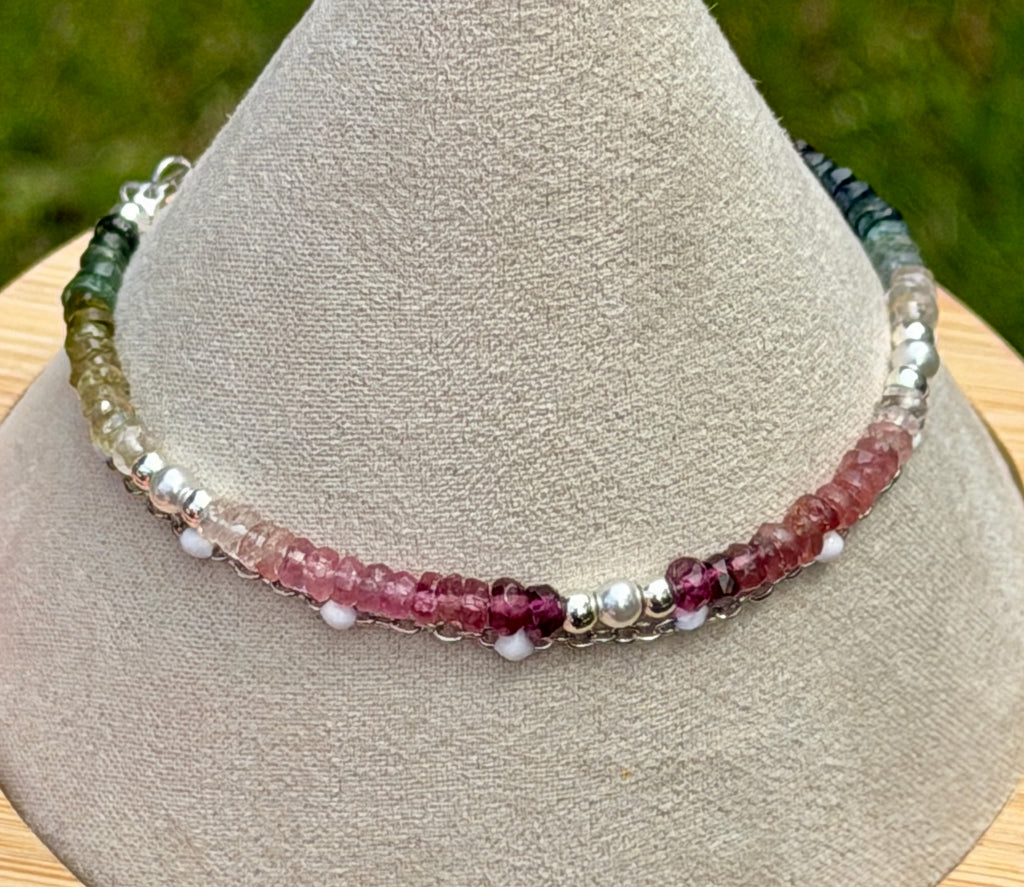 Duet bracelet #22 All gemstones - 3mm tourmaline beads with silver accents