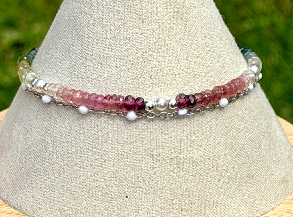Duet bracelet #22 All gemstones - 3mm tourmaline beads with silver accents