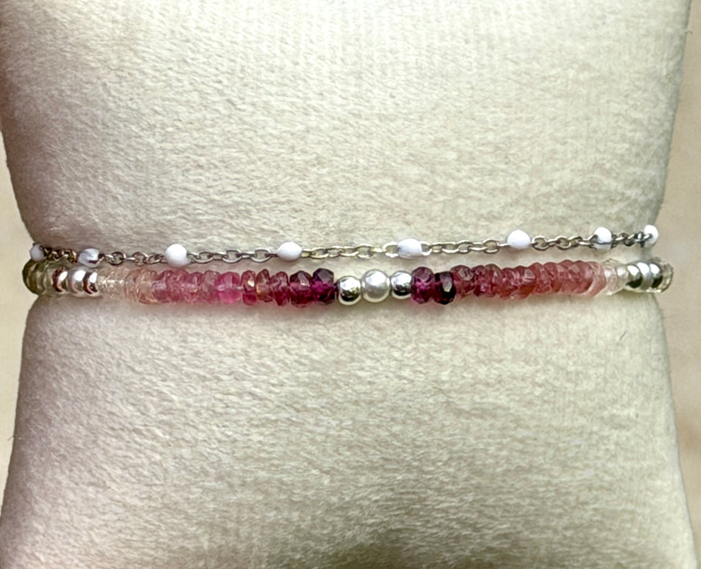Duet bracelet #22 All gemstones - 3mm tourmaline beads with silver accents
