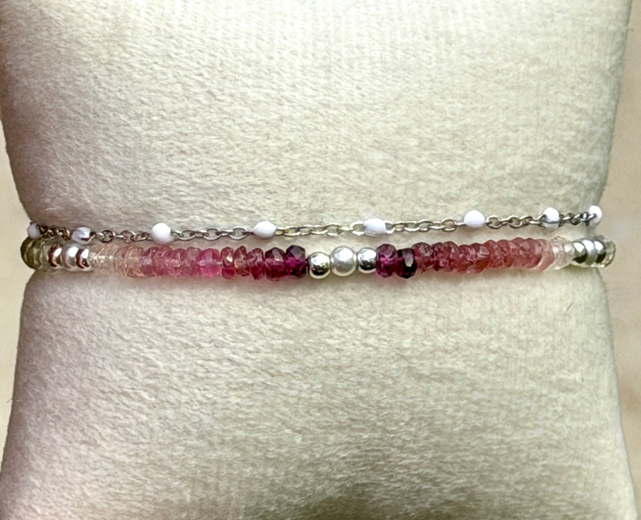 Duet bracelet #22 All gemstones - 3mm tourmaline beads with silver accents