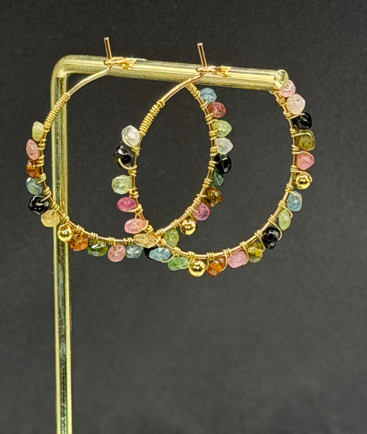 30mm hoops with Tourmaline gemstones, gold plated
