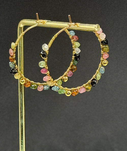 30mm hoops with Tourmaline gemstones, gold plated