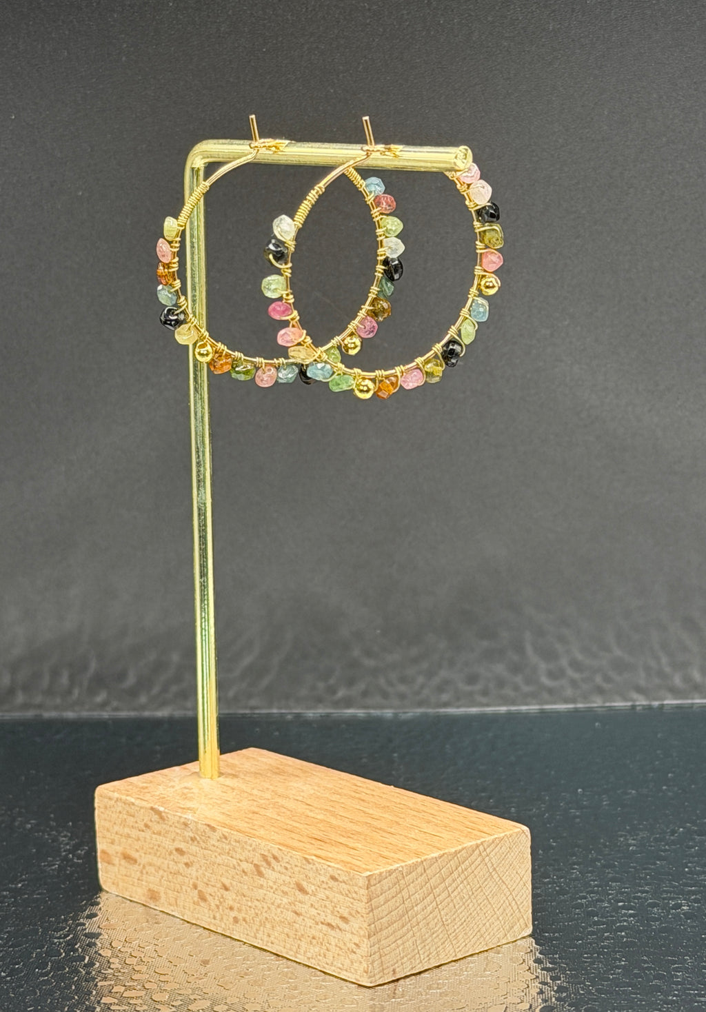 30mm hoops with Tourmaline gemstones, gold plated