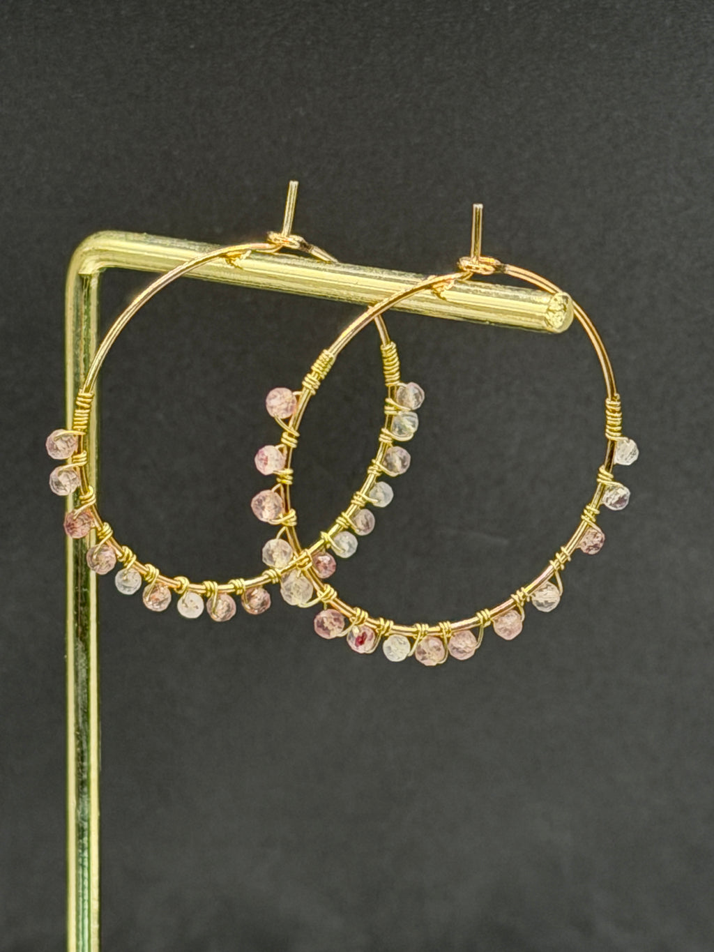 40mm hoops with Strawberry Quartz gemstones, gold plated