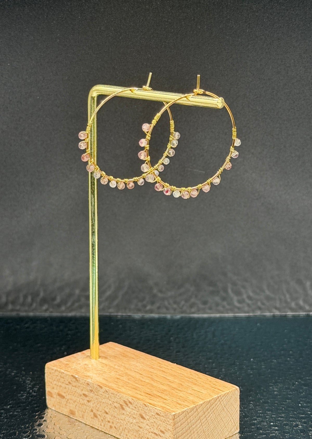 40mm hoops with Strawberry Quartz gemstones, gold plated