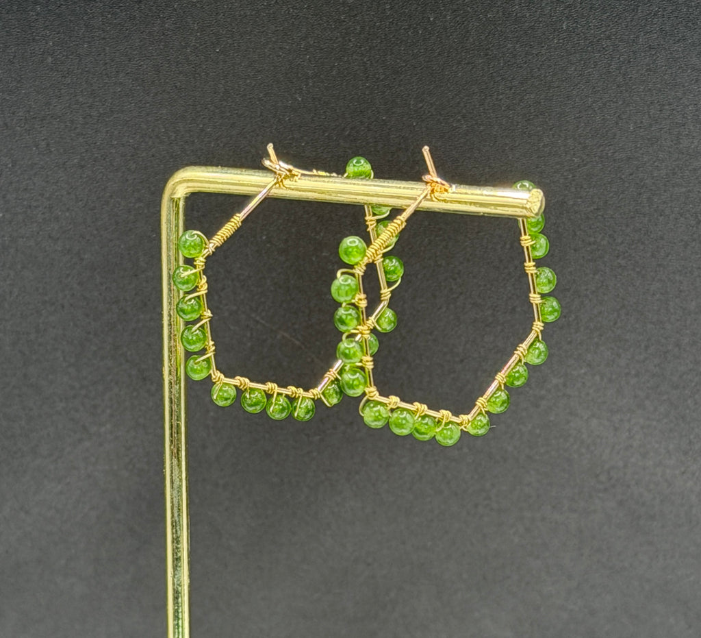 30mm geometric hoops with Jade gemstones, gold plated