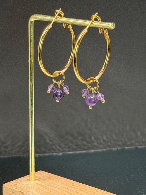 40mm hoops with Amethyst cluster, gold plated