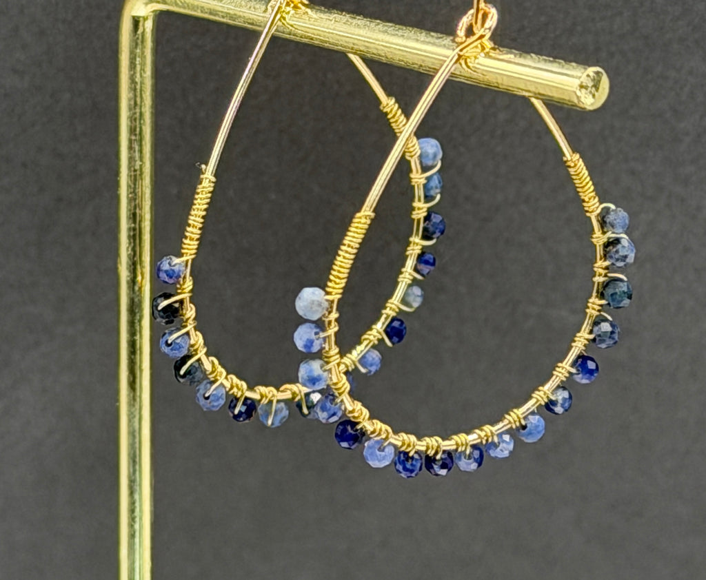Tear drop hoops with Lapis Lazuli faceted stones, gold plated