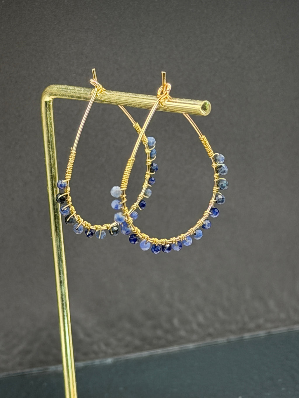 Tear drop hoops with Lapis Lazuli faceted stones, gold plated