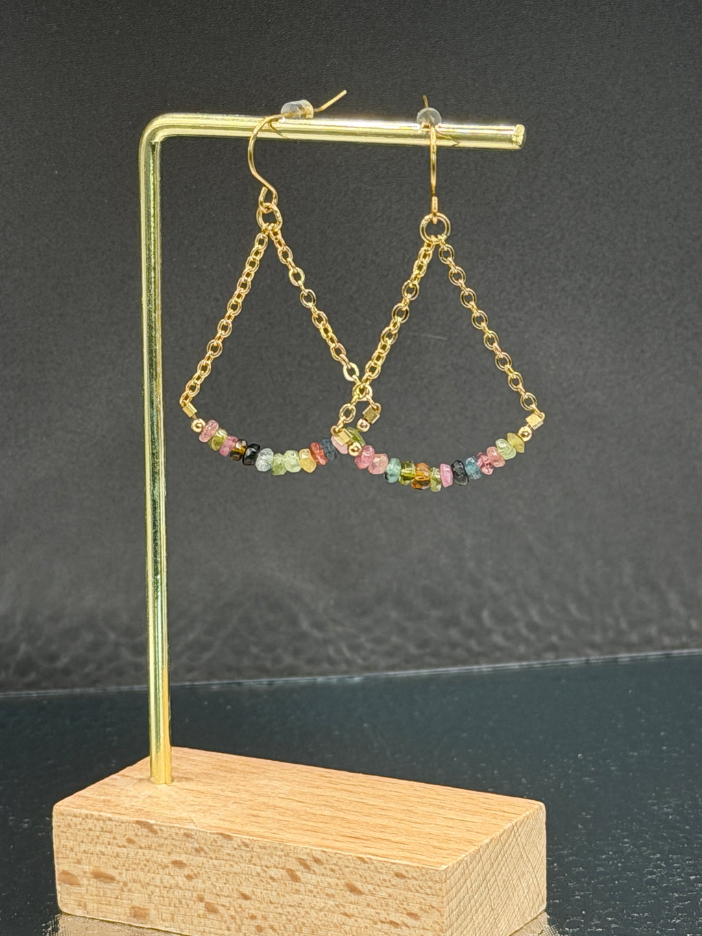 Gold plated dangle earrings with tourmaline stones