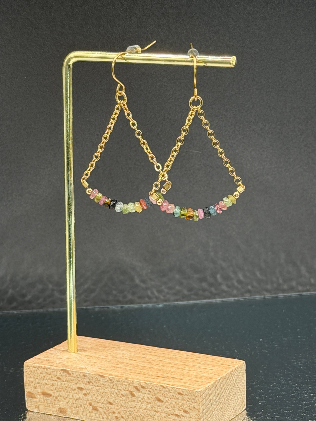 Gold plated dangle earrings with tourmaline stones