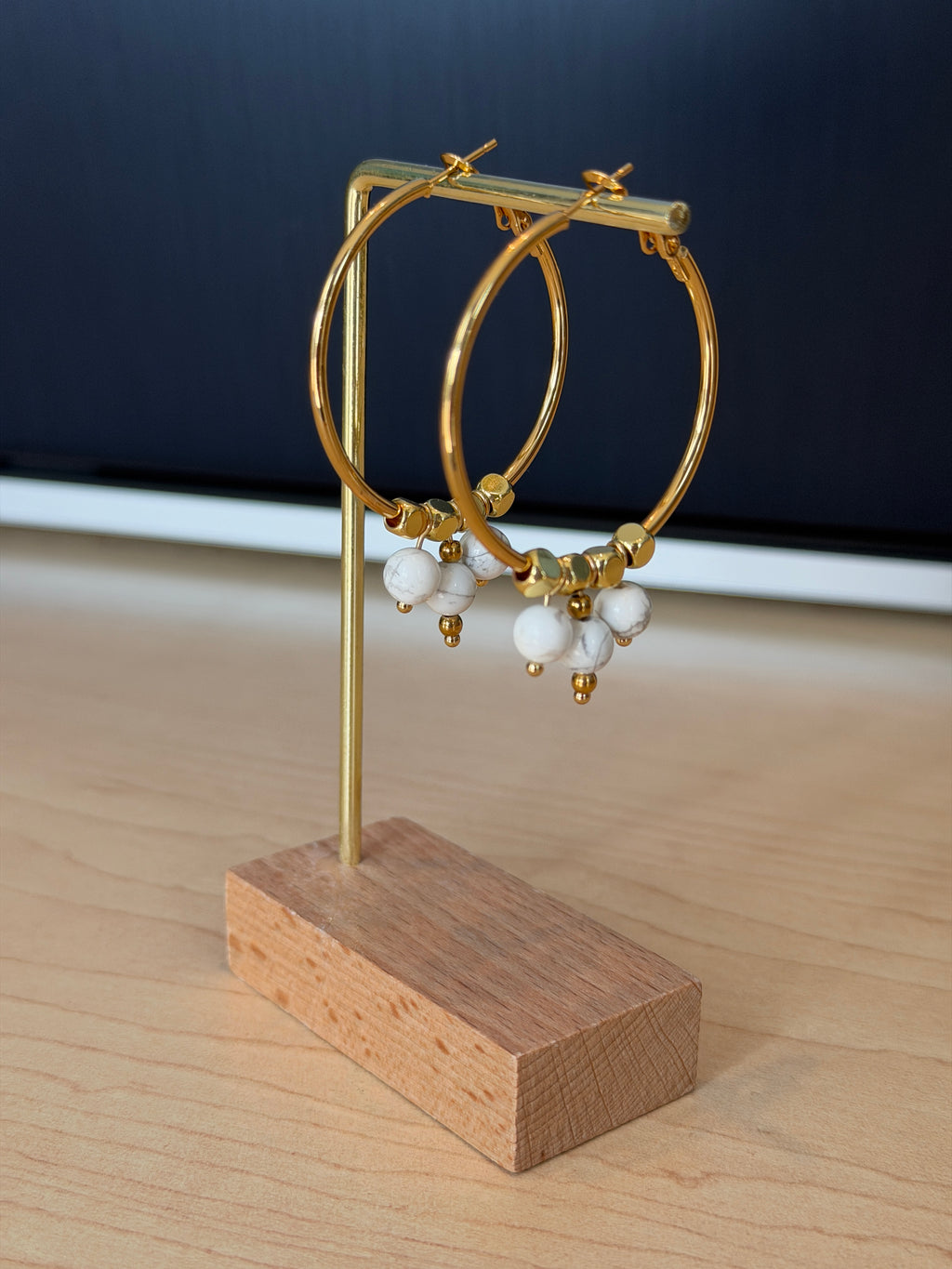 40mm hoops with Howlite stones, gold plated accents