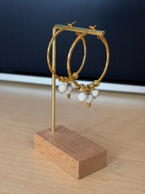 40mm hoops with Howlite stones, gold plated accents