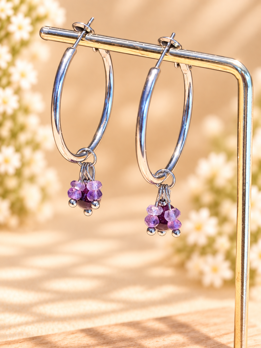 Amethyst Stainless Steel 30mm wide hoops