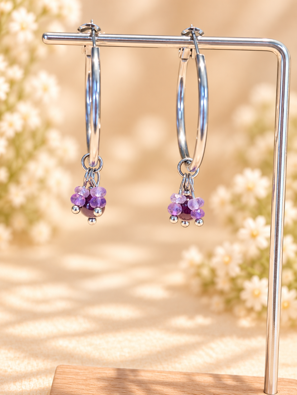 Amethyst Stainless Steel 30mm wide hoops
