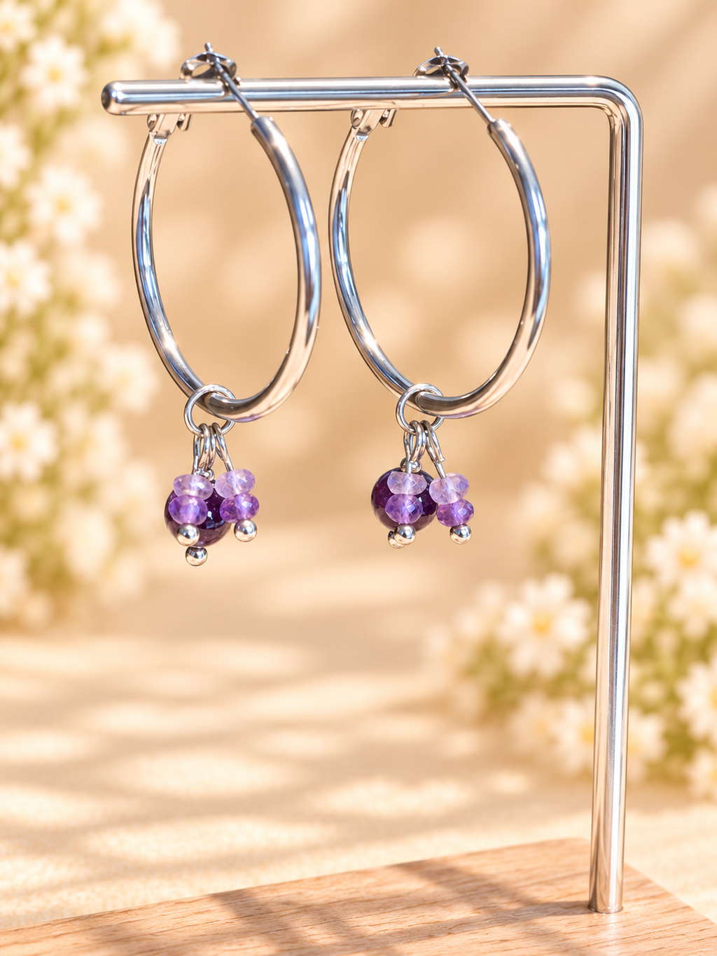 Amethyst Stainless Steel 30mm wide hoops