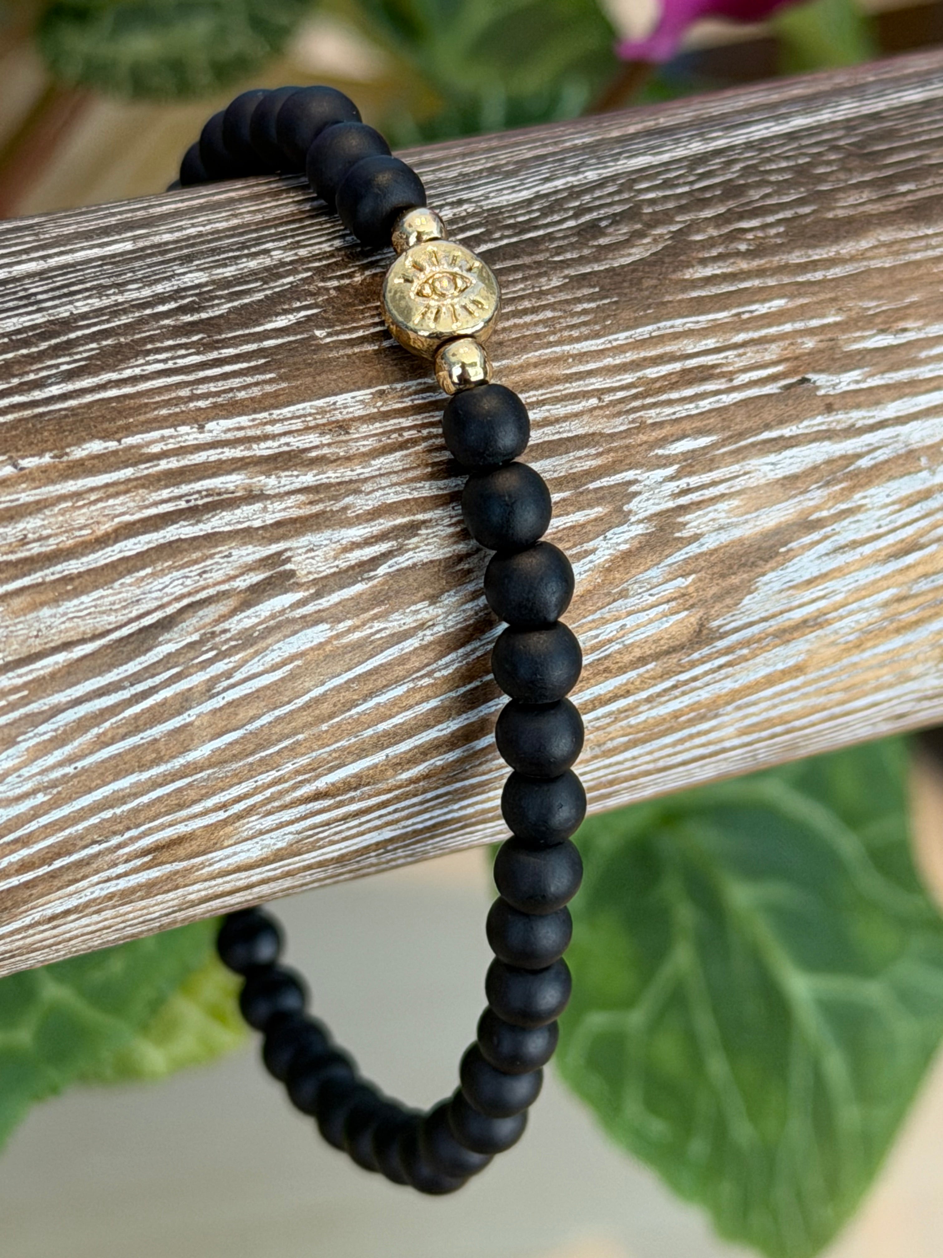 Matte Black Glass Evil Eye Single Bracelet