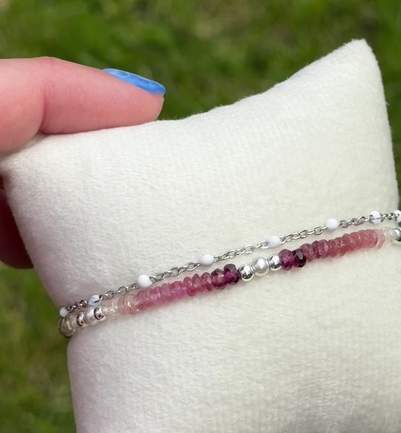 Duet bracelet #22 All gemstones - 3mm tourmaline beads with silver accents